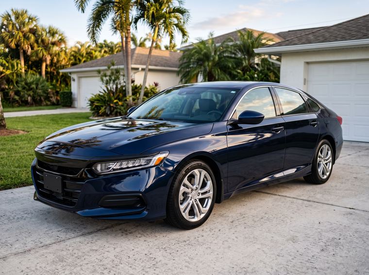 Navy sedan after detailing, deep mirror gloss reflecting palm trees