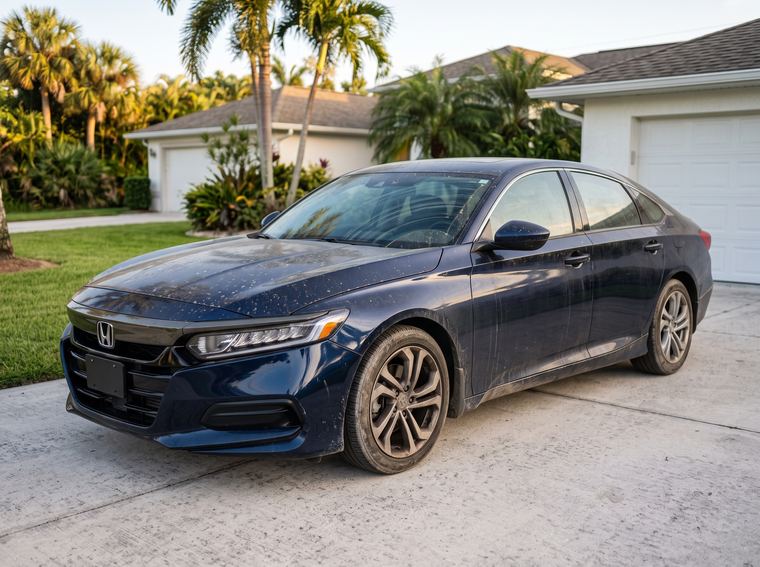 The same sedan before detailing, dulled by road dust and dried water spots