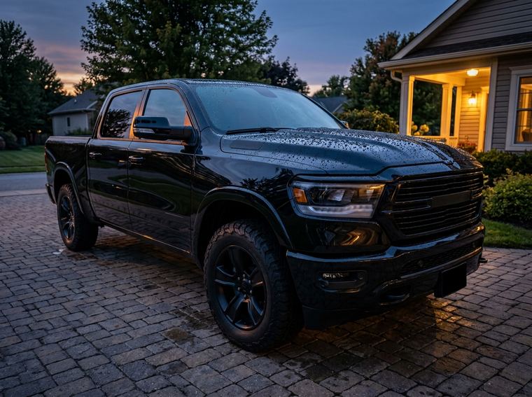 Black pickup after ceramic coating, water beading tight on the hood at dusk