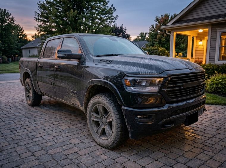 The same pickup before, paint clouded with dust and dried mud along the doors